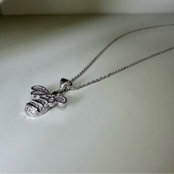Honey Bee Silver-Tone Cubic Zirconia Pendant w 16” Chain Necklace - Picture 2 of 7